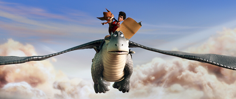 Szenenbild: Ben und Schwefelfell sitzen auf dem Rücken des Drachen Lung, mit dem sie durch die Wolken fliegen. 