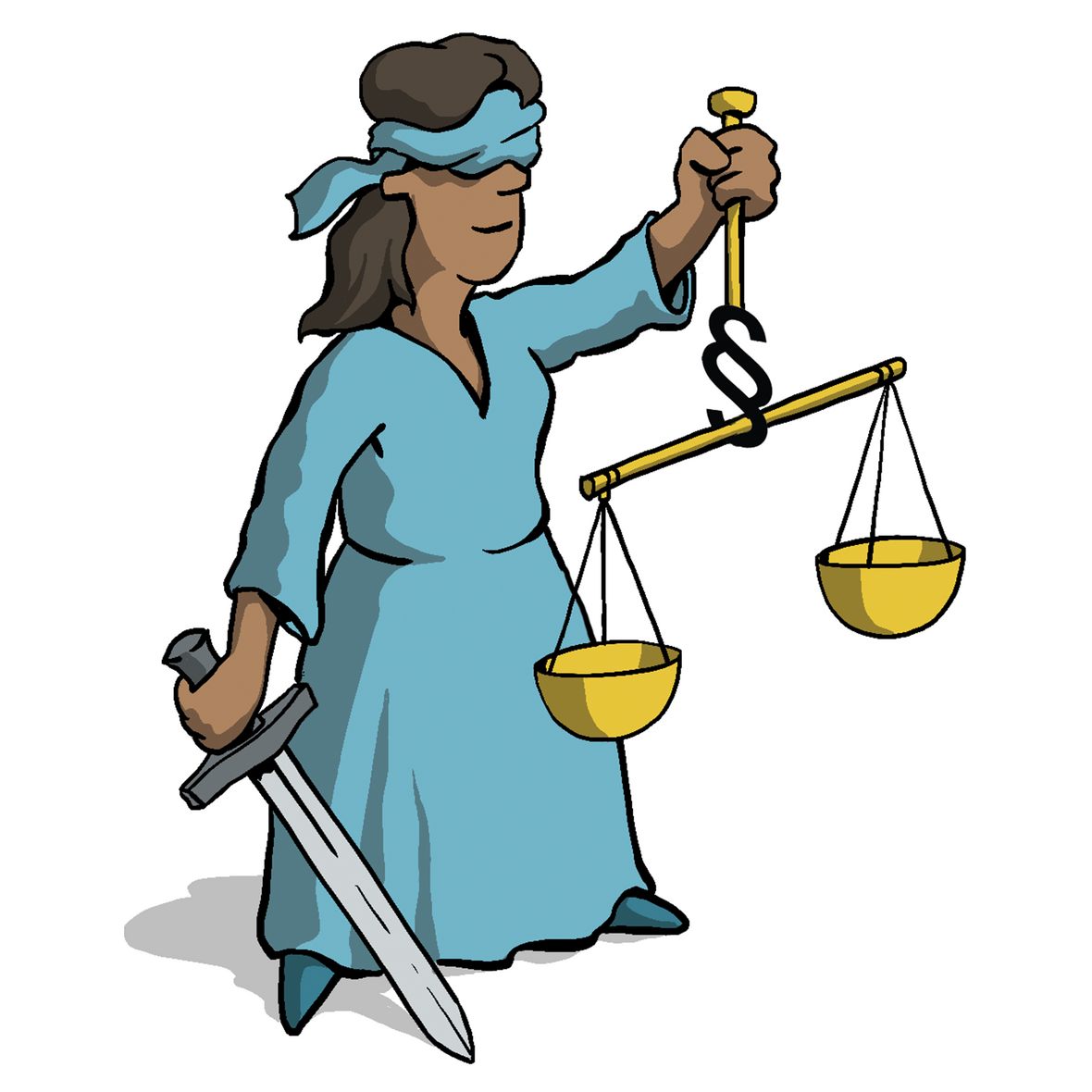 Man sieht eine Frau, die man auch Justitia nennt und die Justiz symbolisiert. Sie hat die Augen verbunden und hält eine Waage in der Hand. 