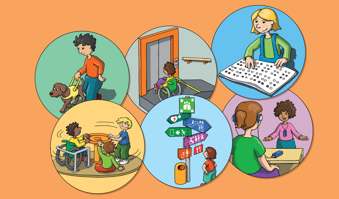 Kinder mit Blindenhund, lesen Blindenschrift, im Rollstuhl