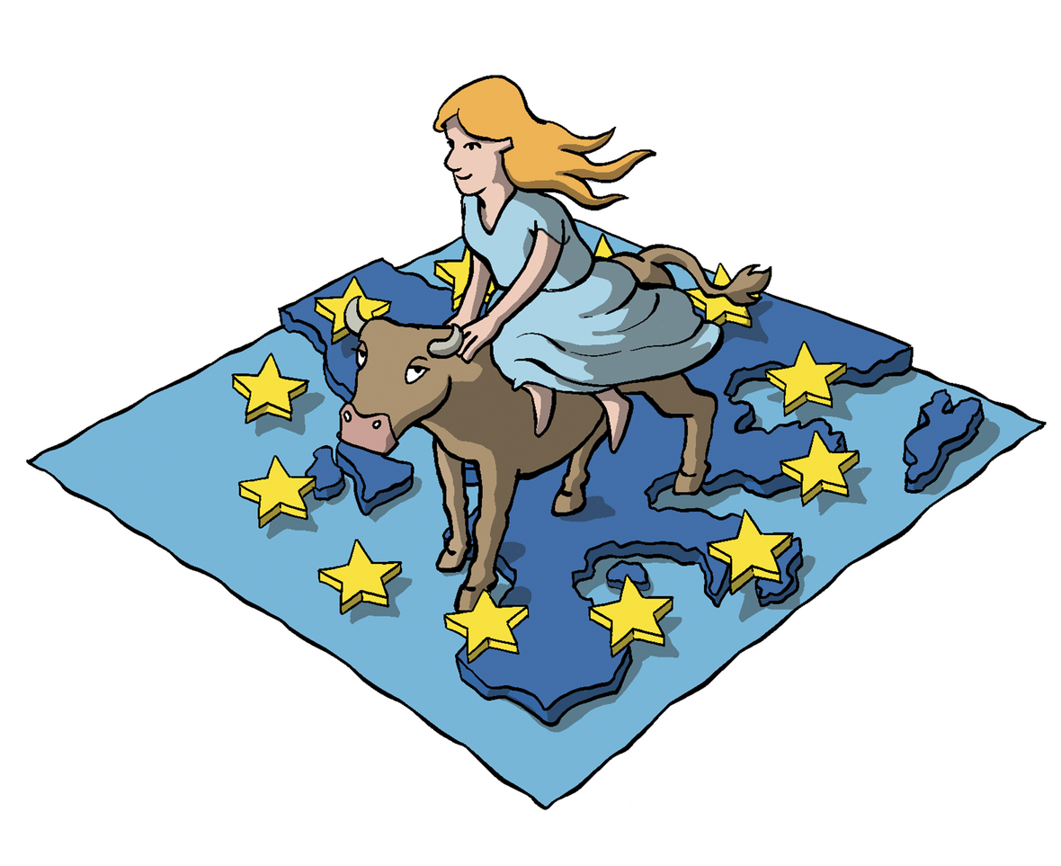 Man sieht die griechische Göttin Europa, wie sie auf einem Stier durch den Kontinent Europa reitet.