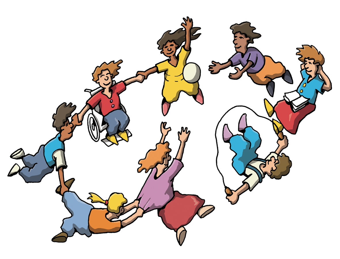 Man sieht Kinder, die in einem Kreis fliegen und sich an den Händen halten. 