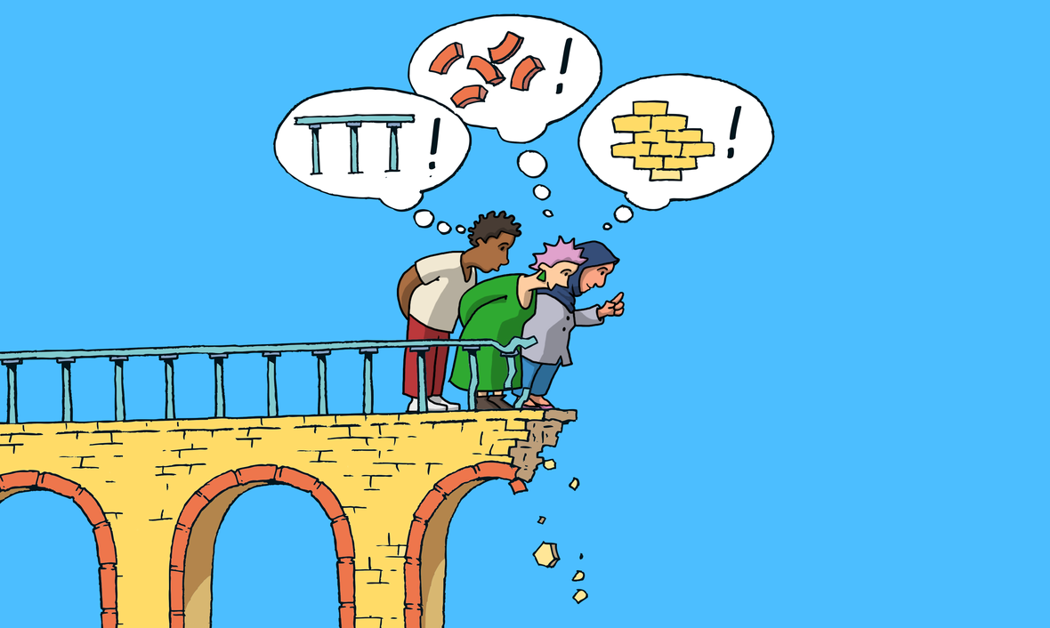 Drei Menschen auf einer Brücke mit unterschiedlichen Ansichten 