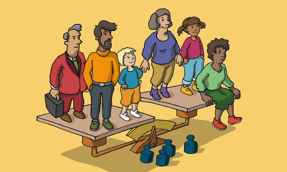 Männer, Frauen und auch Kinder sind auf einer alten Waage im Gleichgewicht. Illustration zu Artikel 3 des Grundgesetzes: Gleichberechtigung