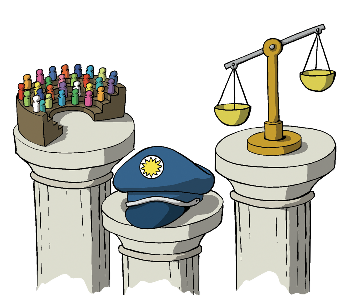 Man sieht drei Säulen mit einem Parlament, einer Polizeimütze und einer Waage, die die Justiz repräsentiert.