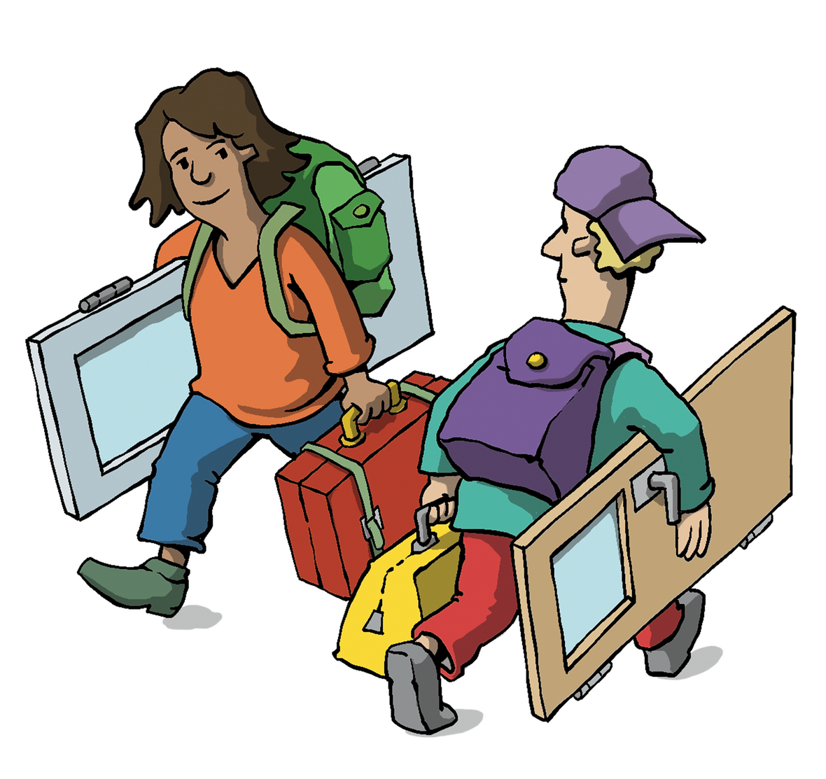 Man sieht zwei Personen mit Reisegepäck und einer Tür unterm Arm. 