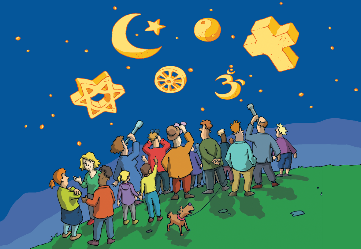 Figuren schauen auf religiöse Symbole im Nachthimmel. Illustration zu Artikel 4 des Grundgesetzes: Religionsfreiheit 