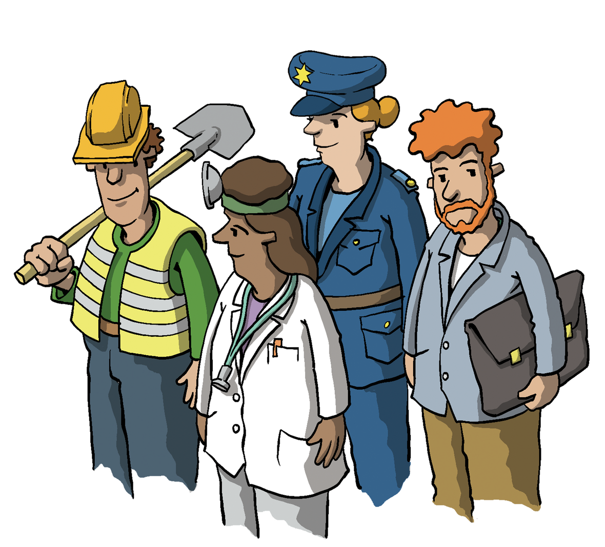 Man sieht Menschen mit unterschiedlichen Berufen: einen Bauarbeiter, eine Ärztin, eine Polizistin, einen Lehrer. 