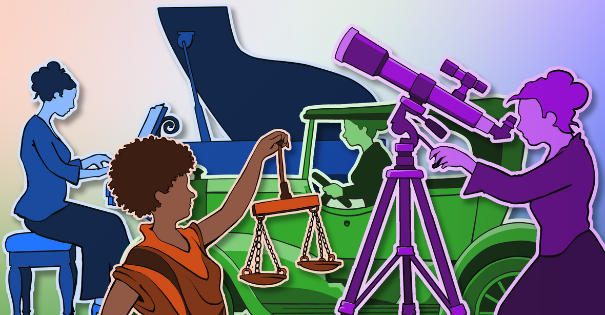 Vier Motive zum Frauen-Spezial: Frau mit Waage, Frau am Klavier, eine Frau vor einem Teleskop, eine Frau mit Buch.