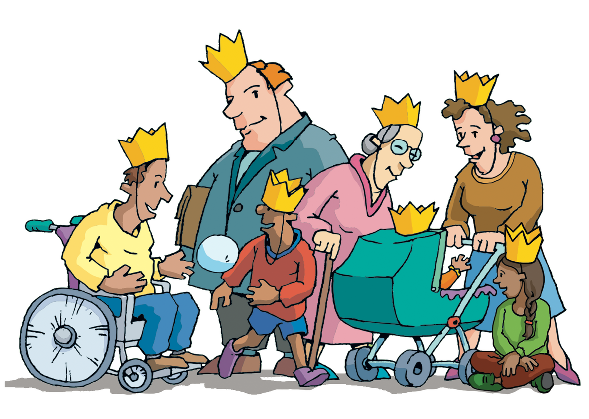 Man sieht ganz unterschiedliche Menschen, groß und klein - jung und alt, die zusammenstehen und eine Krone tragen. 