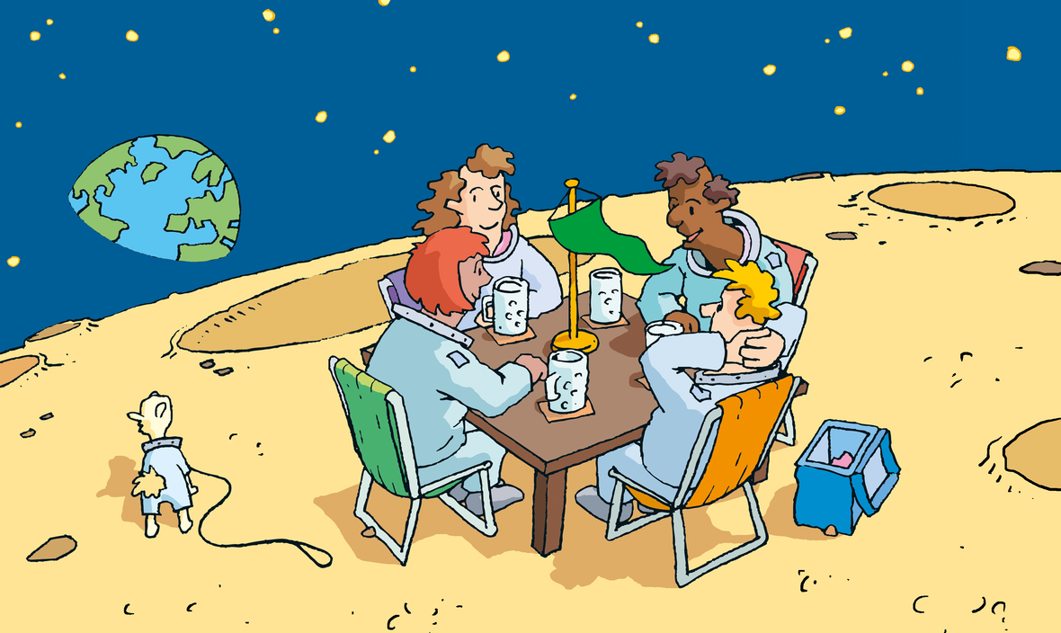 Gruppe auf einem Planeten, im Hintergrund erkennt man die Erde. Illustration zu Artikel 8 des Grundgesetzes: Versammlungsfreiheit 