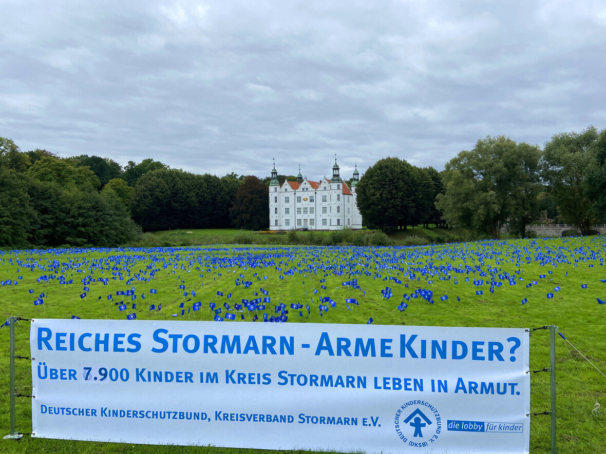 Protest: Banner mit Hinweis auf Kinderarmut vor einer Wiese voller blauer Fähnchen und einem Schloss im Hintergrund.