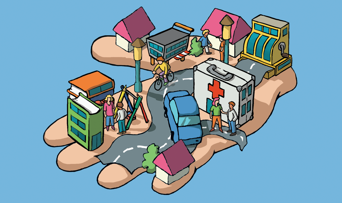 Viele Dinge liegen auf einer großen Hand: eine Schule, ein Krankenhaus, ein Bus, ein Spielplatz und Menschen, die Hilfe bekommen. 