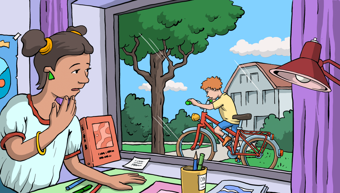 Ein Mädchen beachtet aus ihrem Zimmer den Bruder beim Fahrradfahren