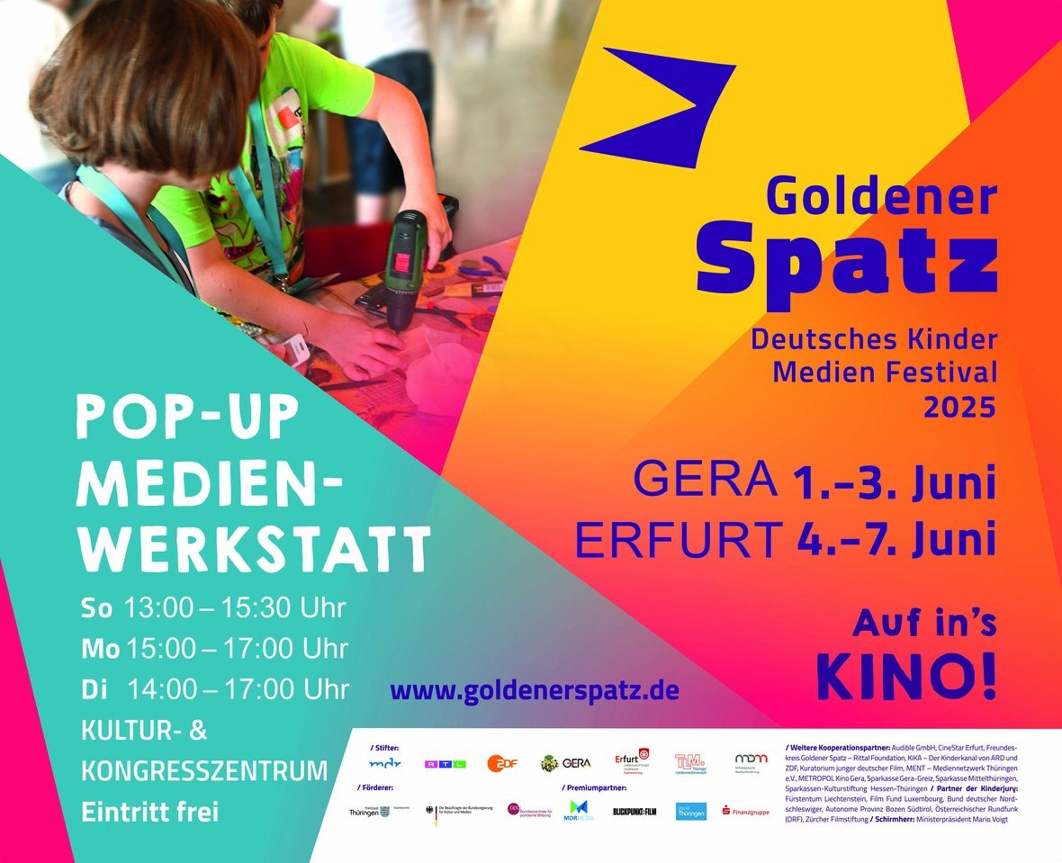 Ankündigungsplakat vom Deutsches Kinder und Medien Festival Goldener Spatz 2025