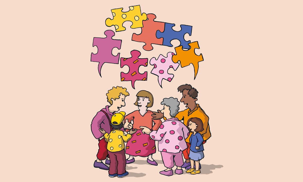 Illustration: Pluralismus. Man sieht viele bunte Puzzle-Teile.
