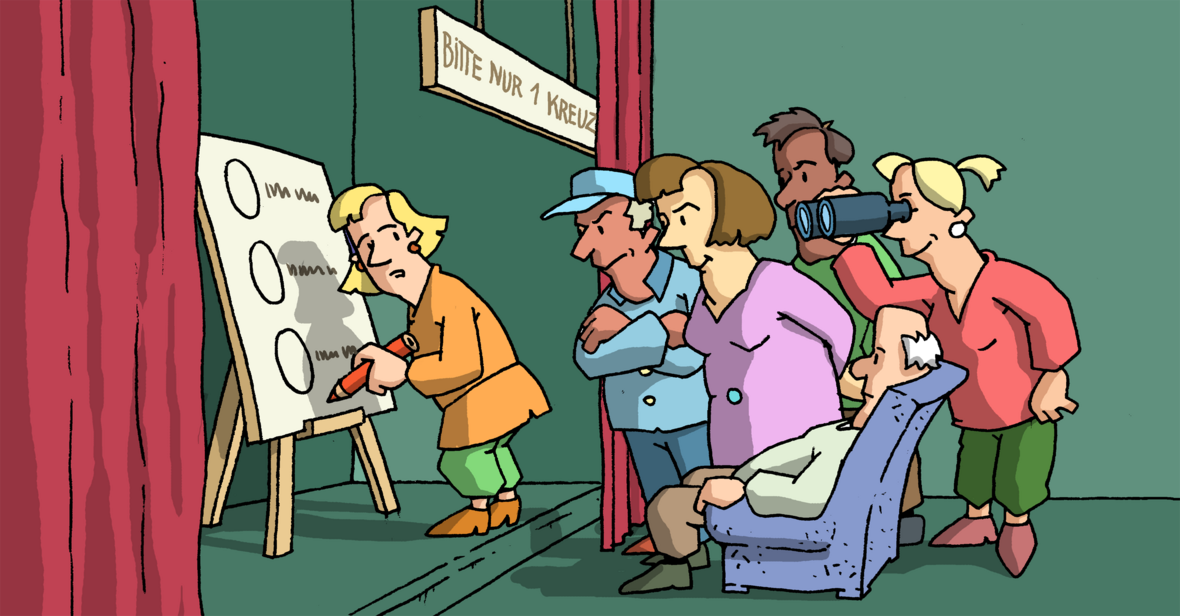 Der Wahlgrundsatz "Geheim" wird illustriert. Auf einer Theaterbühne stehen Menschen vor dem roten Vorhang - dahinter ist ein Wahlzettel angebracht. Es wird deutlich, dass die Person vor dem Wahlzettel gleich ein Kreuzchen macht, sobald der Vorhang geschlossen ist.