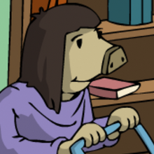 Die Bibliothekarin schiebt einen Wagen mit einem riesigen Buch.