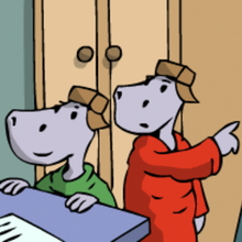 Zwei kleine Nilos zeigen auf das Portrait von König Speckig.