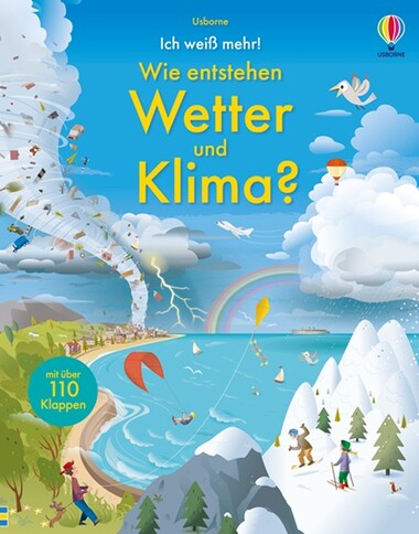 Im Mittelpunkt steht ein Küstenabschnitt umringt von einem sonnigen Strand, einem Waldstück und beschneiten Bergen. Am Himmel sind ein Tornado, ein Gewitter, ein Regenbogen und Wolken zu sehen.