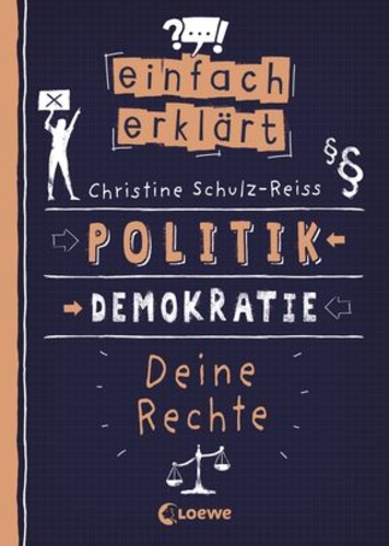 Einfach erklärt - Politik-Demokratie-Deine Rechte. Man sieht mehrere weiße Symbole wie eine Waage oder eine Person mit einem Schild auf einem lilanen Cover-Hintergrund