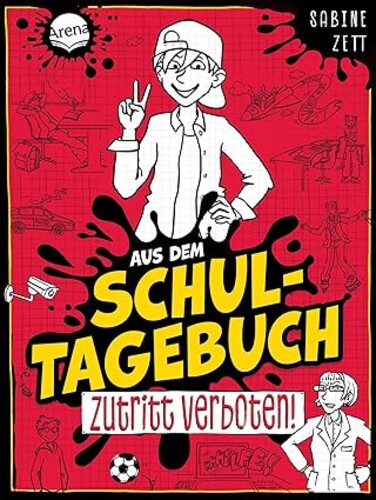 Comicartiges Cover mit einem frechen Jungen, Notizbuchzeichnungen und rotem Hintergrund.