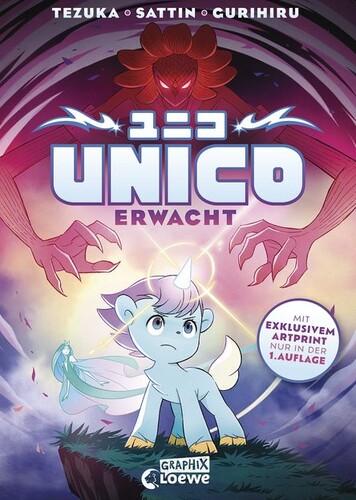 Ein kleines, magisches Einhorn steht kämpferisch vor einer dunklen, bedrohlichen Gestalt mit roten Augen.