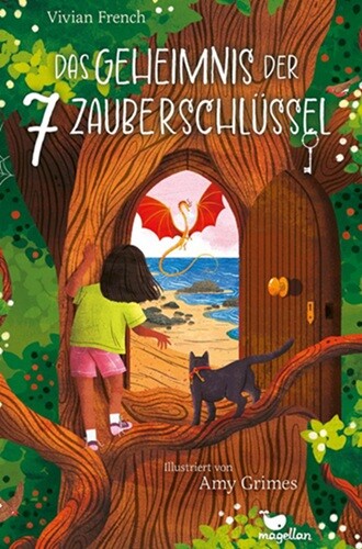 Mädchen steht auf einem Baum und schaut durch eine Tür im Baum auf einen Strand. Am Strand ist ein Drache zu sehen.