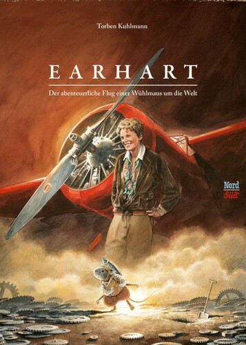 Das Cover zeigt eine Maus und eine Pilotin vor einem roten Flugzeug.