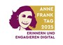 Anne Franks Gesicht in lila neben dem Titel "Anne Frank Tag 2025" und dem Untertitel "Erinnern und Engagieren Digital".